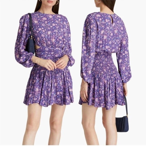 Maje Dresses & Skirts - Maje Roleta Purple Floral Ruched Mini Dress Bohemian Cutout